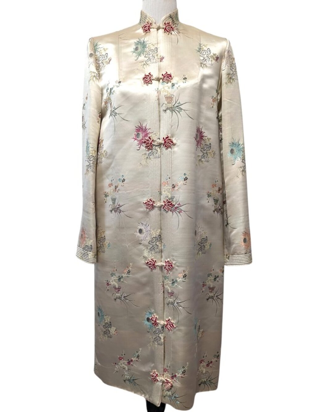 Vintage Best Co Sz M/L? Chinese Brocade Embroidered Satin Frog Knots Duster Coat